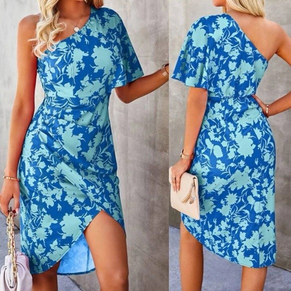 Boho pink floral print one shoulder asymmetrical hem dress - Picture 6 of 6